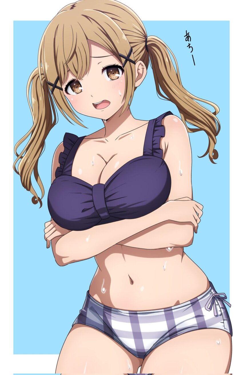 1girl bang_dream! bikini border breasts brown_hair cleavage commentary corrupted_twitter_file crossed_arms hair_ornament highres ichigaya_arisa large_breasts long_hair looking_at_viewer navel noshimurin open_mouth outside_border solo swimsuit teeth twintails upper_teeth_only white_border x_hair_ornament