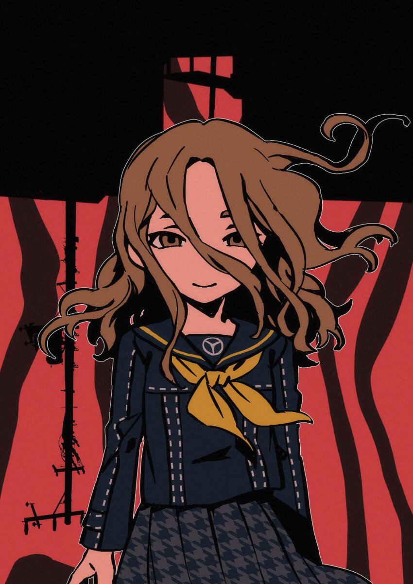 1girl black_sailor_collar brown_eyes brown_hair closed_mouth commentary hair_between_eyes highres houndstooth konishi_saki long_hair long_sleeves looking_at_viewer neckerchief persona persona_4 pleated_skirt power_lines sailor_collar school_uniform serafuku skirt solo ssd_h2p7 utility_pole yasogami_school_uniform yellow_neckerchief