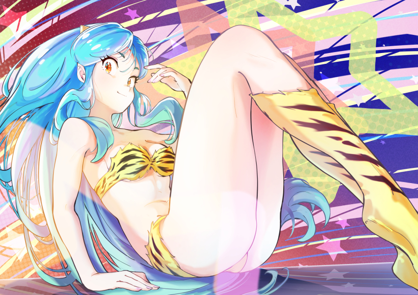 1girl animal_print arakan bikini blue_hair boots breasts colorful_background commentary_request cone_horns highres horns long_hair looking_at_viewer lum oni orange_eyes pointy_ears print_bikini sitting small_breasts smile solo star_(symbol) strapless strapless_bikini swimsuit tiger_print urusei_yatsura