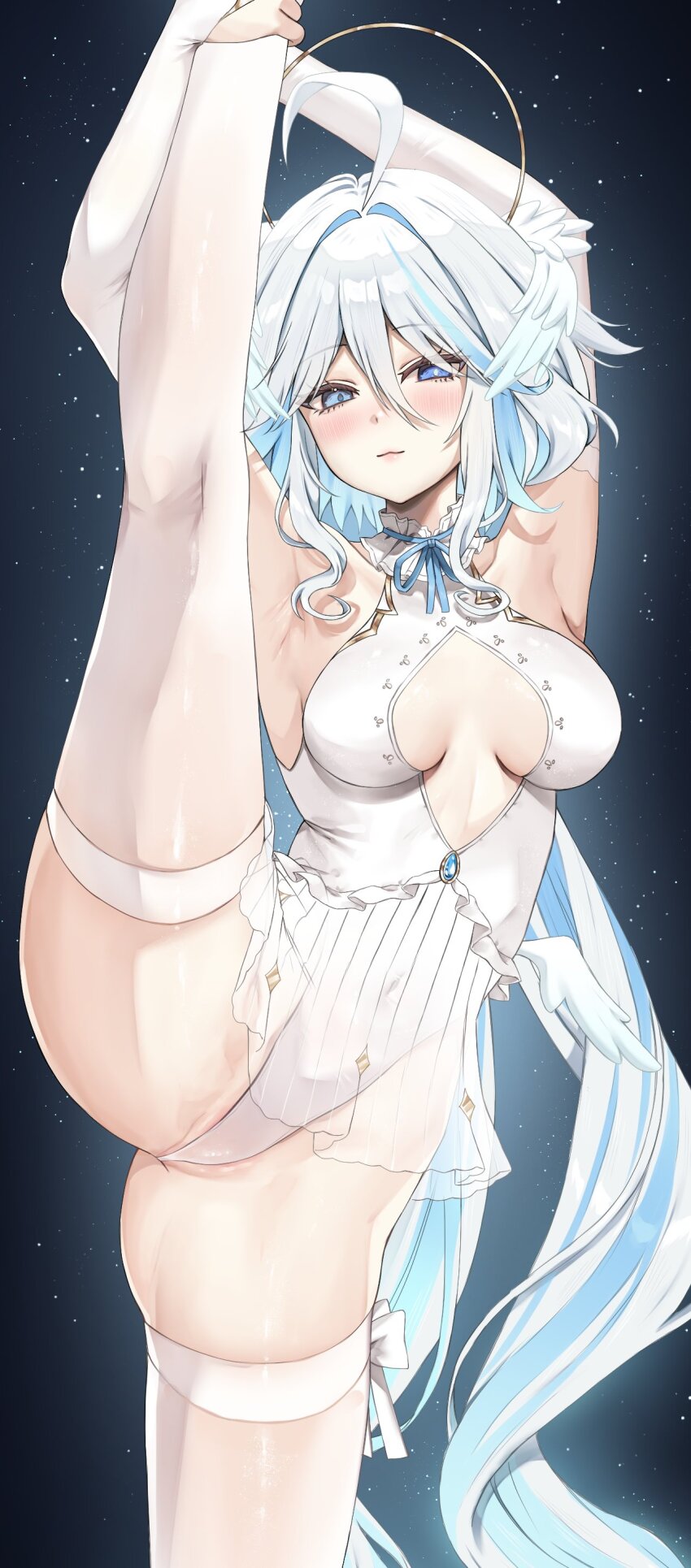 1girl :3 absurdres ahoge armpits arms_up ballerina ballet blue_eyes blue_hair breasts breasts_apart cleavage_cutout clothing_cutout commentary covered_navel drop-shaped_pupils flexible frilled_leotard frills furina_(genshin_impact) genshin_impact hair_between_eyes heterochromia highleg highleg_leotard highres holding_leg kneepits leg_hold leg_lift leotard light_blue_hair long_hair looking_at_viewer mismatched_pupils multicolored_hair neck_garter plantar_flexion presenting_armpit sleeveless_turtleneck_leotard small_breasts solo split standing standing_on_one_leg standing_split star_(symbol) star_symbol_background streaked_hair symbol-shaped_pupils thighhighs thighs tutu very_long_hair vitaminechan white_hair white_leotard
