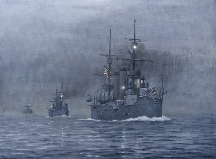 absurdres acrylic_paint_(medium) atelier_bono cannon cloud cloudy_sky flag fog highres imperial_japanese_army ironclad mast military_vehicle ocean original painting_(medium) searchlight ship sky smoke smokestack traditional_media vehicle_request warship watercraft waves