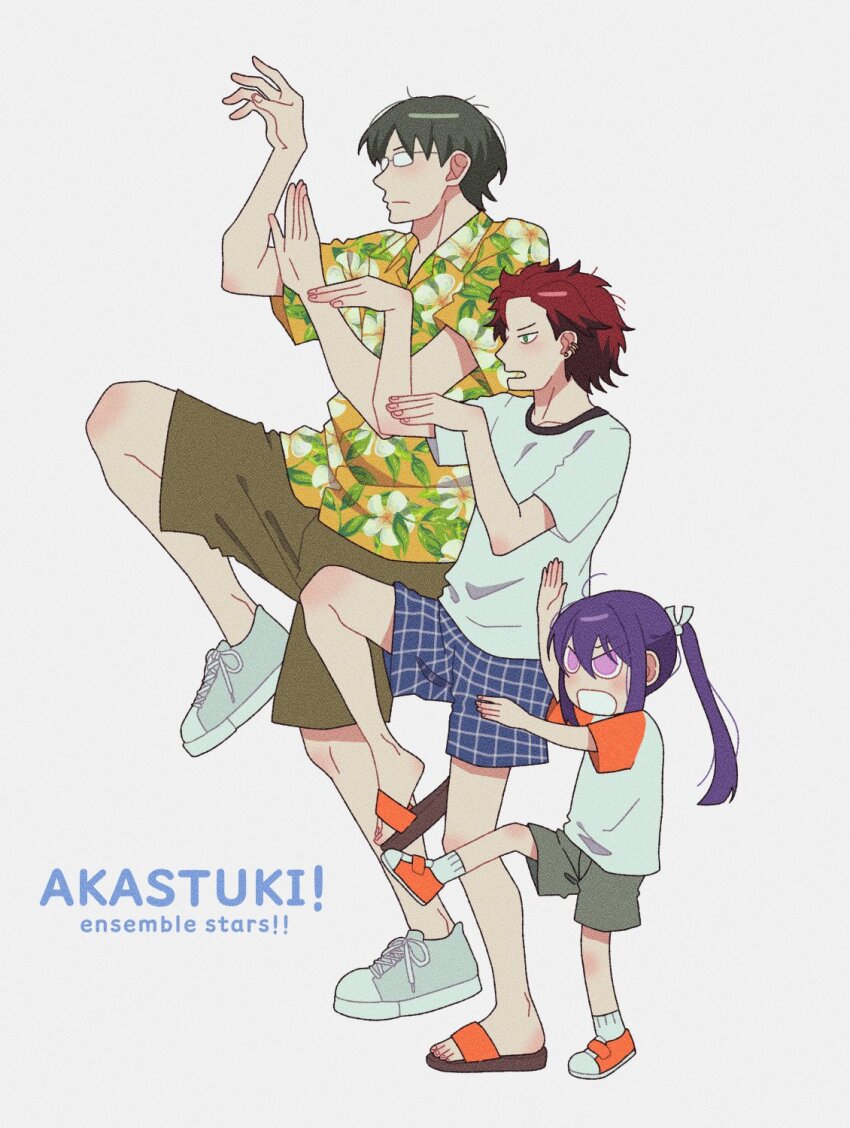 3boys aged_down ahoge akatsuki_(ensemble_stars!) ankle_socks arm_up blue_shorts brown_shorts child closed_mouth collarbone collared_shirt earrings ensemble_stars! film_grain full_body glasses green_hair green_shorts grey-framed_eyewear grid_print hair_between_eyes hair_slicked_back hasumi_keito hawaiian_shirt height_difference highres jewelry kanzaki_souma kiryu_kuro leg_up long_hair male_focus messy_hair motoyui multicolored_hair multiple_boys multiple_earrings open_mouth orange_shoes parody ponytail profile purple_eyes purple_hair red_hair sandals shirt shoes short_hair shorts sidelocks simple_background sneakers socks standing standing_on_one_leg t-shirt v-shaped_eyebrows white_background white_shirt white_shoes white_socks xiwivixi yellow_shirt yotsubato! yotsubato!_pose