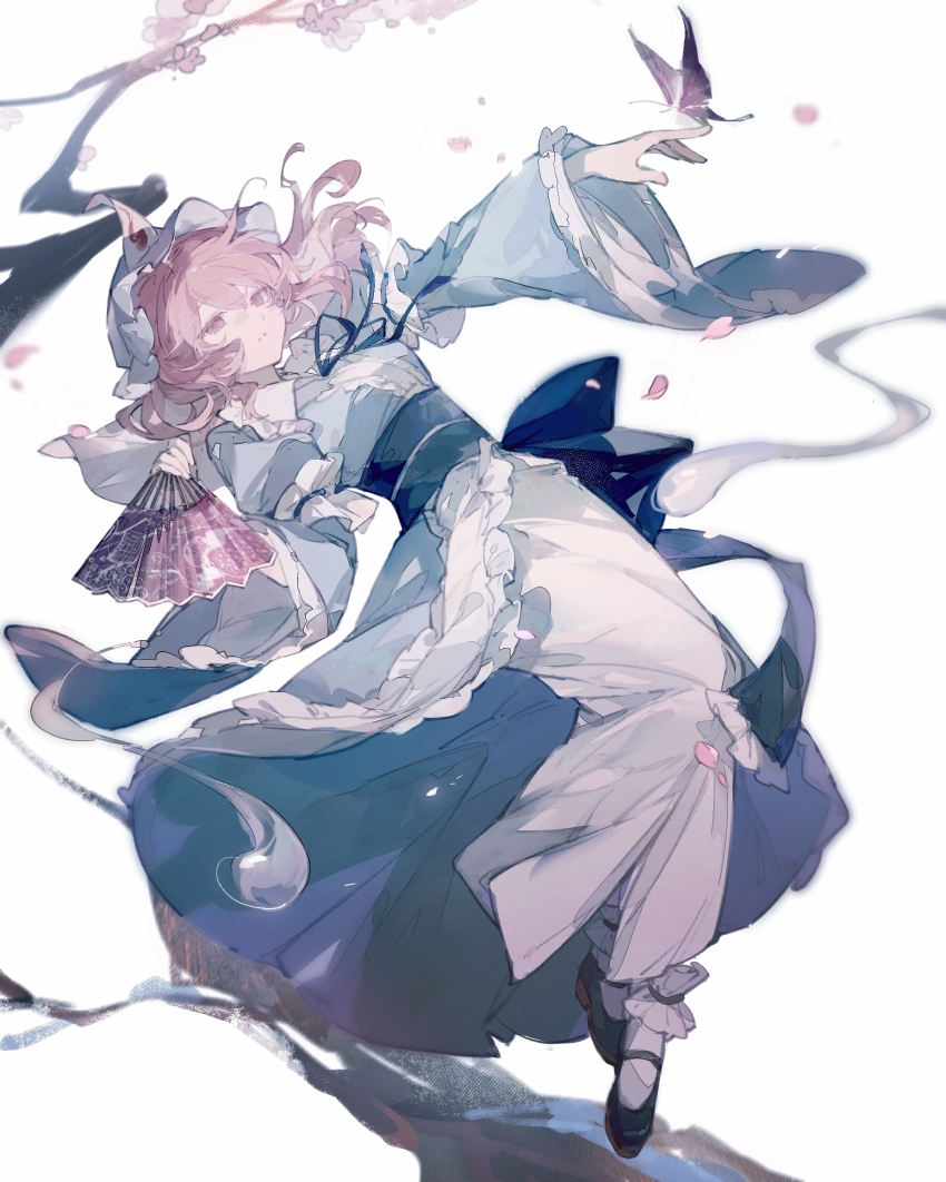 1girl black_shoes blue_bow blue_hat blue_kimono blue_ribbon blue_sash bow branch breasts bug butterfly butterfly_on_hand center_frills cherry_blossoms chinese_commentary colored_eyelashes commentary_request dress floating_hair flower folding_fan frilled_anklet frilled_bow frilled_hat frilled_kimono frilled_sleeves frills full_body hand_fan hat highres hitodama holding holding_fan insect japanese_clothes kimono koiliblikas large_breasts layered_sleeves leaning_back long_dress long_hair long_sleeves mary_janes mob_cap neck_ribbon obi outstretched_arm parted_lips petals pink_butterfly pink_eyes pink_flower pink_hair ribbon saigyouji_yuyuko sash shoes simple_background socks solo spiral_print touhou tree triangular_headpiece veil white_background white_dress white_socks white_veil wide_sleeves