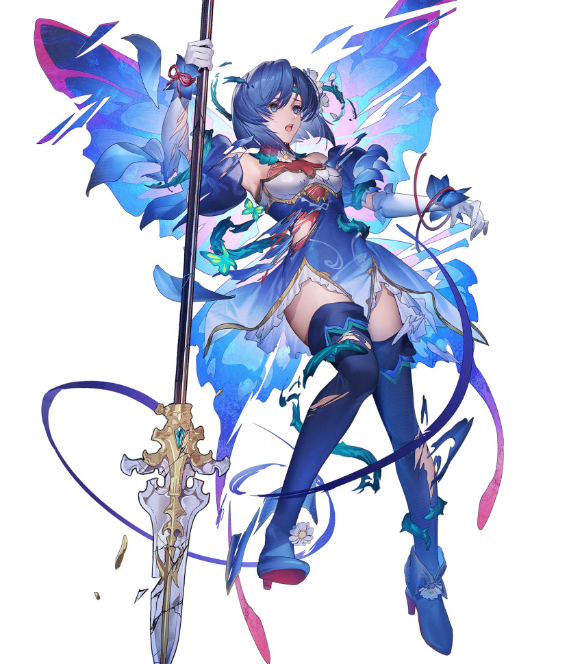 1girl bare_shoulders blue_boots blue_dress blue_eyes bob_cut boots breasts catria_(fire_emblem) catria_(resplendent)_(fire_emblem) cleavage damaged dress elbow_gloves fairy_wings falling fire_emblem fire_emblem:_mystery_of_the_emblem fire_emblem_heroes gloves headband high_heel_boots high_heels highres holding holding_polearm holding_weapon inverted_bob lance medium_breasts nintendo non-web_source official_alternate_costume official_art polearm puffy_short_sleeves puffy_sleeves short_hair short_sleeves solo torn_clothes torn_footwear torn_wings weapon white_gloves wings
