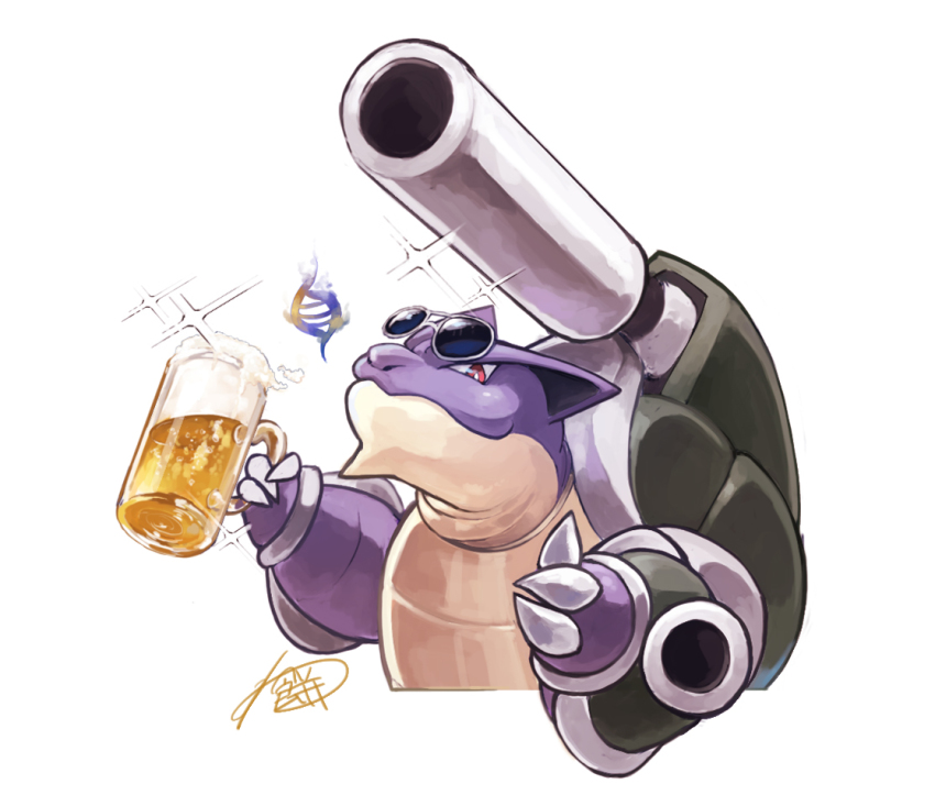 alcohol alternate_color beer beer_mug blastoise closed_mouth commentary_request cup foam gen_1_pokemon holding looking_at_viewer mega_blastoise mega_pokemon mug nintendo no_humans pokemon pokemon_(creature) red_eyes shiny_pokemon signature smile solo sparkle sunglasses thumbs_up warabimoti168 white_background