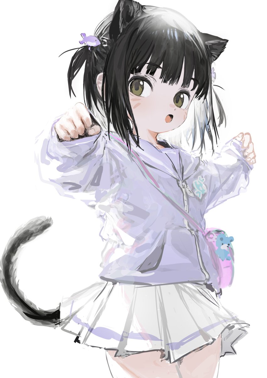 1girl absurdres animal_charm animal_ears bag bag_charm bear_charm black_hair blunt_bangs cat_ears cat_girl cat_tail charm_(object) child clenched_hands commentary_request cowboy_shot dot_nose facial_mark fingernails fish_hair_ornament green_eyes hair_ornament highres hood hood_down hooded_jacket jacket long_sleeves looking_at_viewer miniskirt open_mouth original outstretched_arms pink_bag pleated_skirt purple_jacket shipi-chan short_hair shoulder_bag simple_background skirt sleeves_past_wrists solo standing tail two_side_up whisker_markings white_background white_skirt yamori_no_o zipper zipper_pull_tab