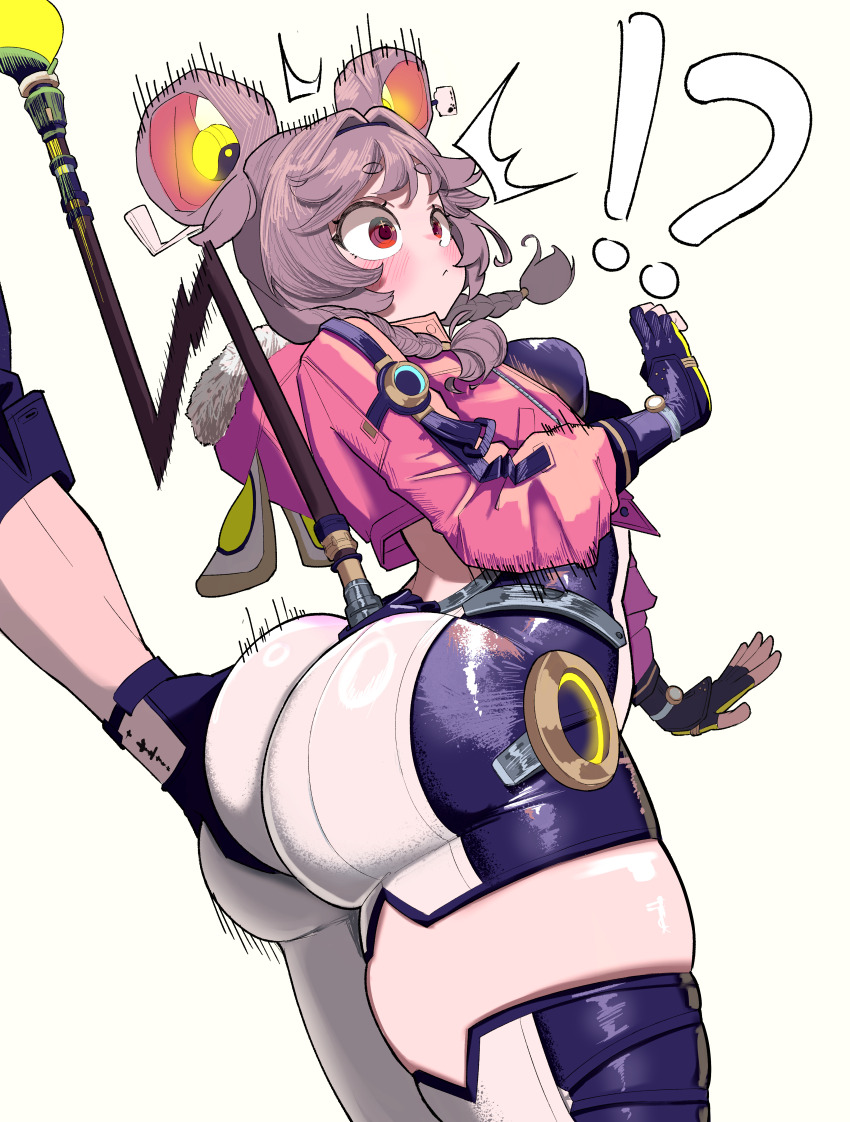 !? 1boy 1girl absurdres ass black_gloves bodysuit brown_hair cowboy_shot fingerless_gloves from_side gloves grabbing_another&#039;s_ass groping highres hood hood_down hooded_jacket huge_ass jacket long_sleeves lumi_(wuthering_waves) pink_jacket q1w2e3r4_(pixiv_75476659) red_eyes sexual_harassment simple_background single_leg_bodysuit single_thighhigh solo_focus thighhighs white_bodysuit wide-eyed wuthering_waves
