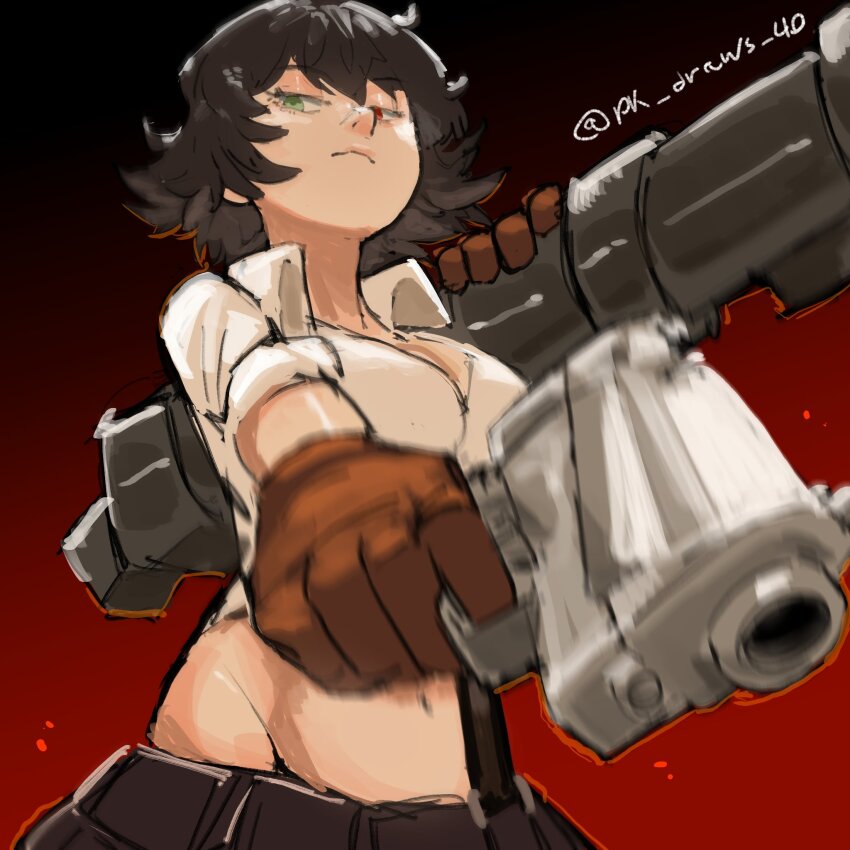 1girl artist_name black_hair brown_gloves devil_may_cry devil_may_cry_(series) devil_may_cry_3 gloves green_eyes gun handgun heterochromia highres holding holding_gun holding_rocket_launcher holding_weapon kalina_ann_(weapon) lady_(devil_may_cry) looking_at_viewer midriff navel pk_draws_40 red_eyes rocket_launcher shirt weapon white_shirt