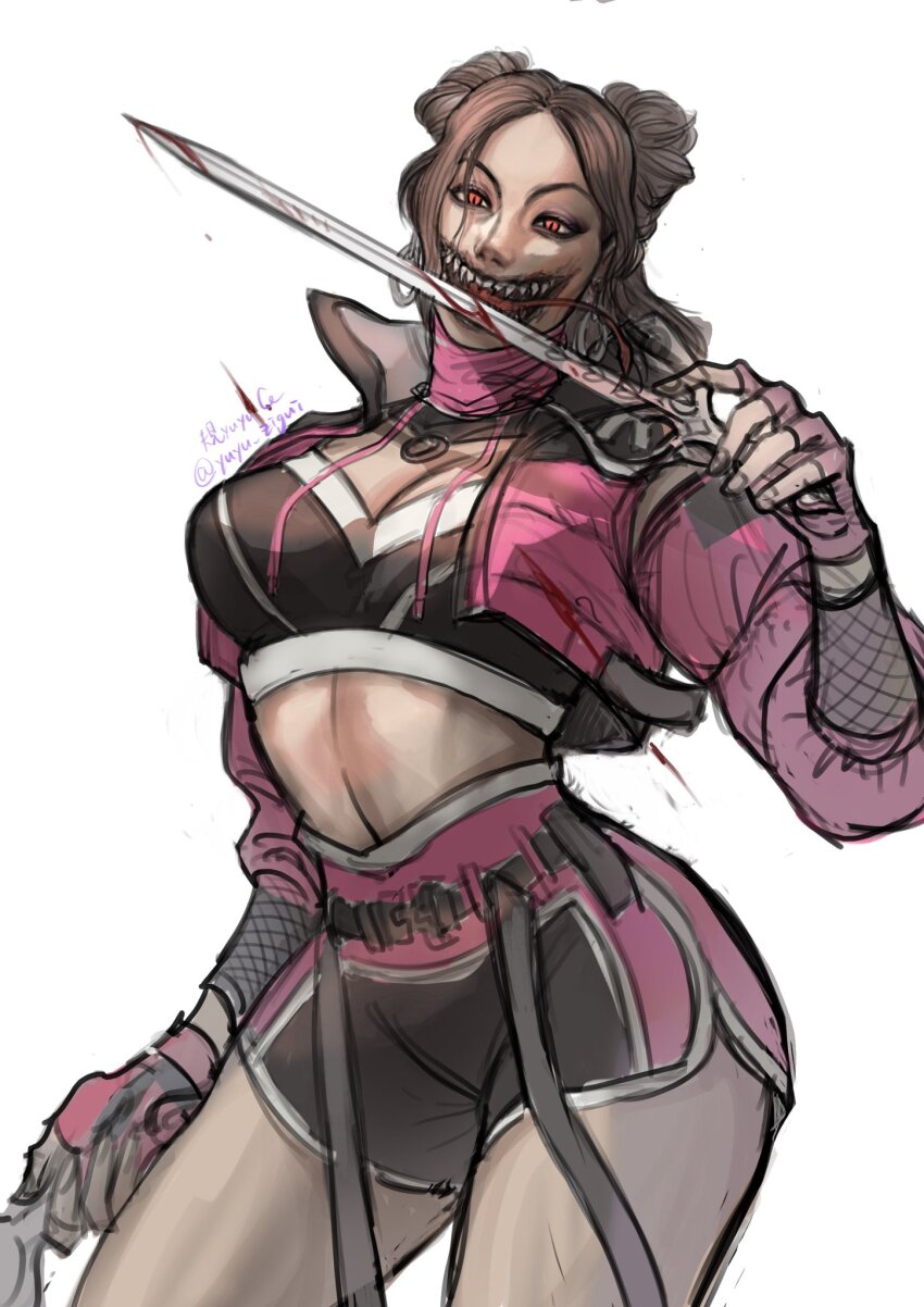 1girl breasts brown_hair dual_wielding fingerless_gloves fishnet_armwear gloves highres holding jacket licking_blood midriff mileena_(mortal_kombat) mortal_kombat_(series) mortal_kombat_1_(2023) multicolored_shorts pink_jacket red_eyes sharp_teeth shorts slit_pupils swaying teeth tongue tongue_out yuyu_zigui