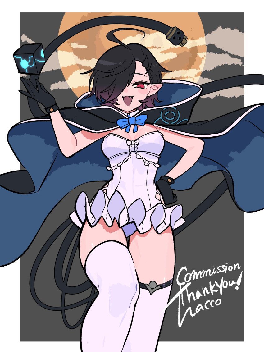 1girl :3 absurdres ahoge artist_name black_cloak black_hair blue_bow blue_cloak bow breasts cloak commentary_request commission dantalian_(ac8231) dress electric_plug fang full_moon gradient_hair hacco_mayu hair_over_one_eye hand_on_own_hip hand_up highres hood hooded_cloak looking_at_viewer medium_breasts moon multicolored_hair open_mouth original pointy_ears purple_hair red_eyes second-party_source short_hair skeb_commission solo standing thank_you thighhighs two-sided_cloak two-sided_fabric two-tone_cloak white_dress white_thighhighs