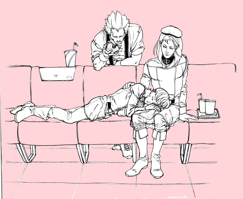 1girl 2boys absurdres boots burger drinking_straw eating food gloves gundam highres lap_pillow military military_uniform multiple_boys paptimus_scirocco sarah_zabiarov utaco yazan_gable zeta_gundam