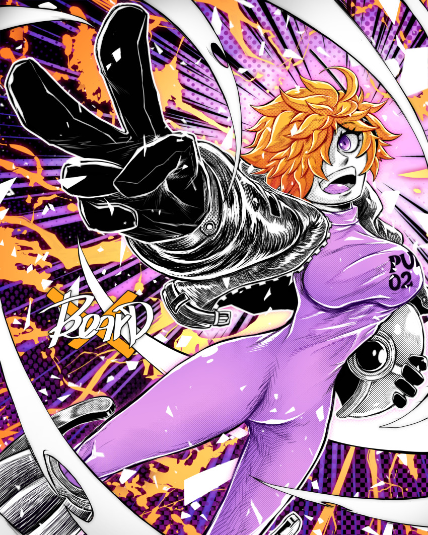 1girl absurdres beard_(artist) black_jacket blonde_hair bodysuit bodysuit_under_clothes breasts cameltoe curvy hair_over_one_eye highres jacket large_breasts looking_at_viewer one_piece open_clothes open_jacket open_mouth pink_bodysuit shiny_clothes shiny_skin short_hair skin_tight smile v vegapunk_lilith wide_hips