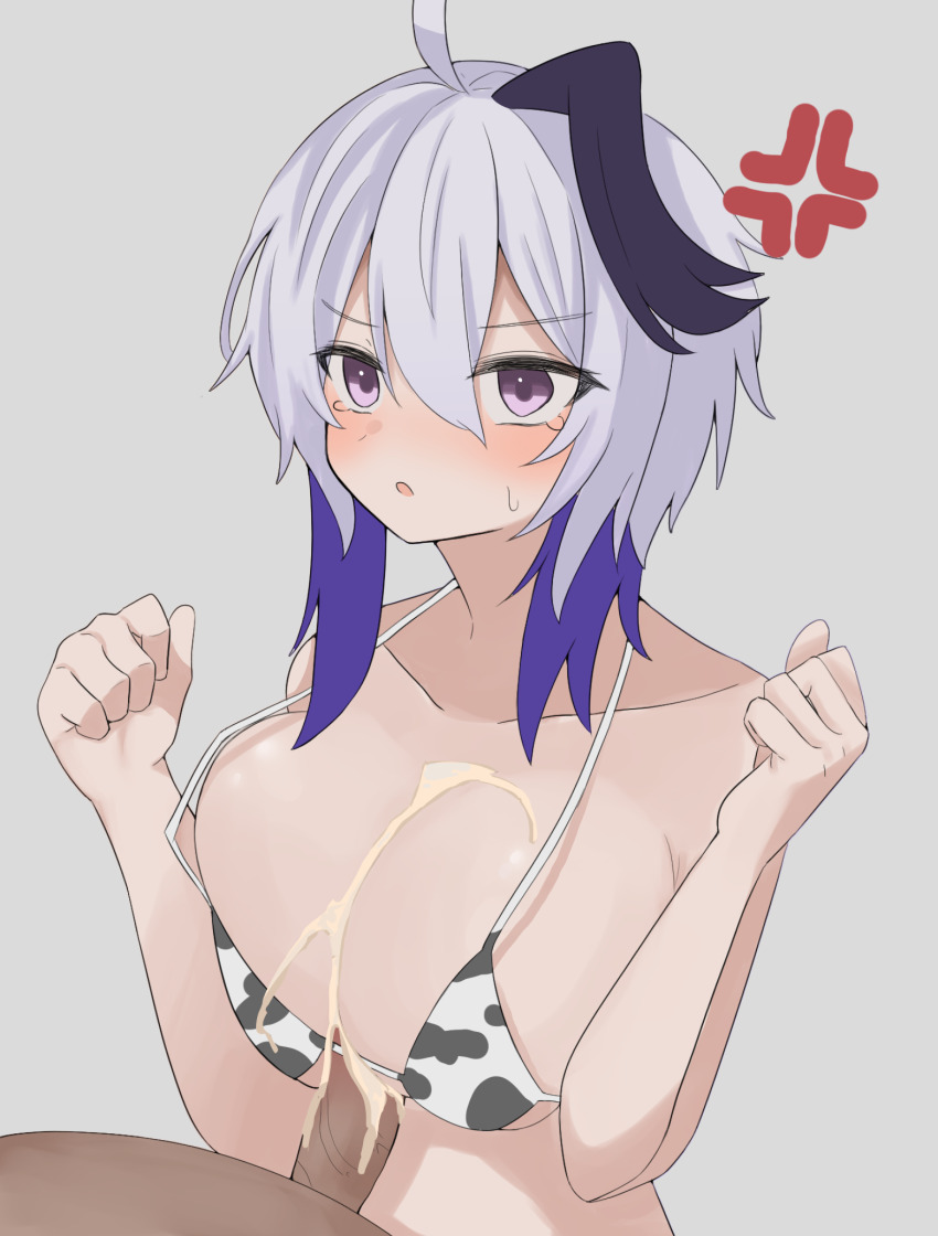 1boy 1girl :o ahoge ajimui anger_vein animal_print bikini blush breasts cleavage clenched_hands collarbone cow_print cow_print_bikini crying crying_with_eyes_open cum dark-skinned_male dark_skin ejaculation flower_(gynoid_talk) flower_(vocaloid) furrowed_brow hair_between_eyes hetero highres large_breasts light_blush multicolored_hair paizuri paizuri_under_clothes penis print_bikini psz813 purple_eyes sanpaku short_hair simple_background streaked_hair sweat swimsuit tears testicles veins veiny_penis vocaloid white_hair