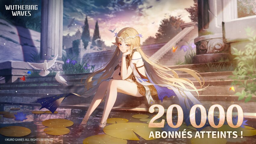 1girl absurdres bare_legs bare_shoulders black_dress blonde_hair blue_eyes cartethyia_(wuthering_waves) closed_mouth commentary_request copyright_notice crown_of_thorns dress earrings french_commentary highres jewelry legs logo long_hair looking_at_viewer official_art parted_bangs pointy_ears sidelocks sitting smile soaking_feet solo tacet_mark_(wuthering_waves) very_long_hair wuthering_waves