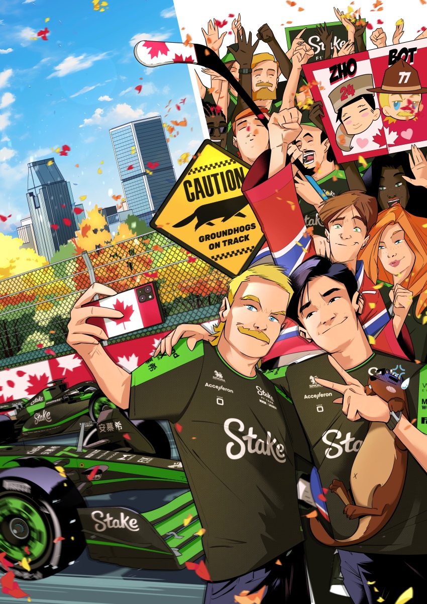 2girls 6+boys absurdres autumn_leaves baseball_cap beard black_eyes black_hair black_hat black_shirt blonde_hair blue_eyes blue_pants brown_hair canada canadian_flag car circuit_gilles_villeneuve crowd dark-skinned_female dark_skin facial_hair formula_one formula_racer groundhog hair_behind_ear hand_on_another&#039;s_shoulder hat highres hockey_stick holding holding_phone juan_alcala leaf looking_at_viewer making-of_available montreal motor_vehicle mullet multiple_boys multiple_girls mustache official_art open_hand orange_hair pants phone promotional_art race_vehicle racecar real_life selfie shirt smile tree valtteri_bottas zhou_guanyu