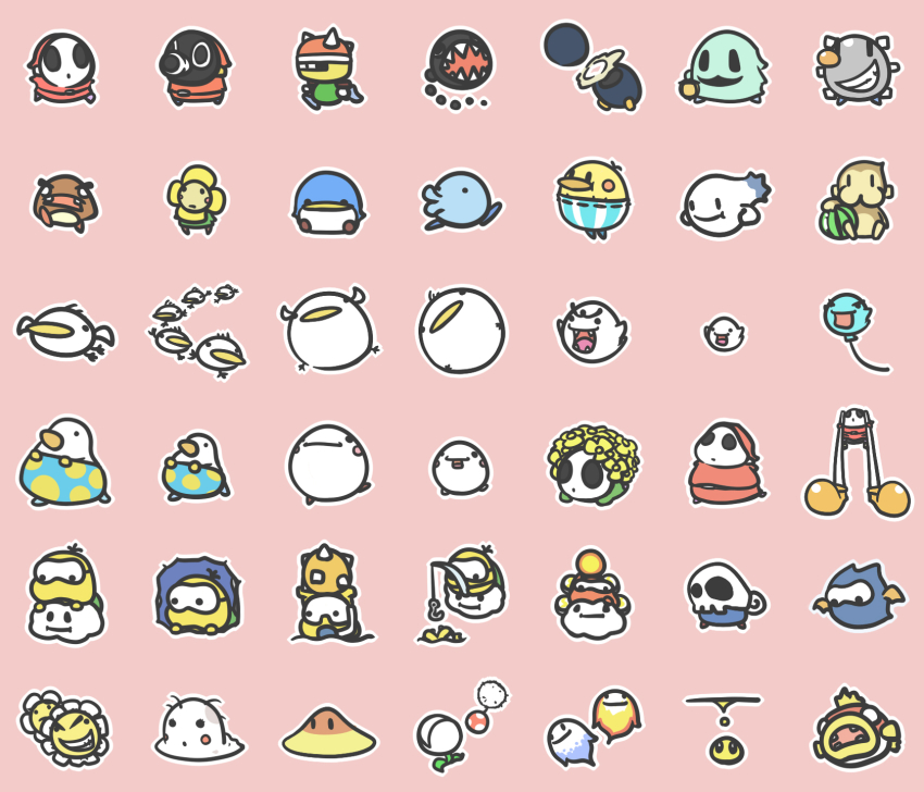 boo_(mario) chain_chomp everyone flower food fruit goomba highres lakitu lamp mario_(series) mask nintendo no_humans shy_guy skull smile snifit spiny_egg super_mario_world_2:_yoshi&#039;s_island watermelon wings