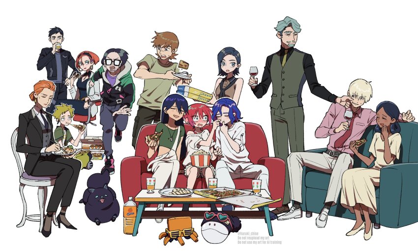 6+boys 6+girls amate_yuzuriha annqi aqua_hair beard black_hair black_pants black_suit blonde_hair blue_couch blue_hair brown_hair challia_bull char_aznable cheek_pinching closed_eyes comoli_harcourt conch_(gundam) couch cup dark-skinned_female dark_skin dress drinking eating facial_hair food formal_clothes full_body grey_pants grey_vest gundam gundam_gquuuuuux haro haruki_chise highres holding holding_cup holding_food holding_pizza jezzi kaine_(gundam) kycilia_zabi lalah_sune long_hair multiple_boys multiple_girls mustache nabu_(gundam) nyaan_(gundam_gquuuuuux) orange_hair overalls pants pinching pizza pizza_box popcorn red_gundam red_hair rx-78-2_gundam shiiko_sugai shirouzu_(gundam) shirt short_hair shuji_ito simple_background sitting standing suit vest white_background white_overalls white_pants white_shirt xavier_olivette yellow_dress