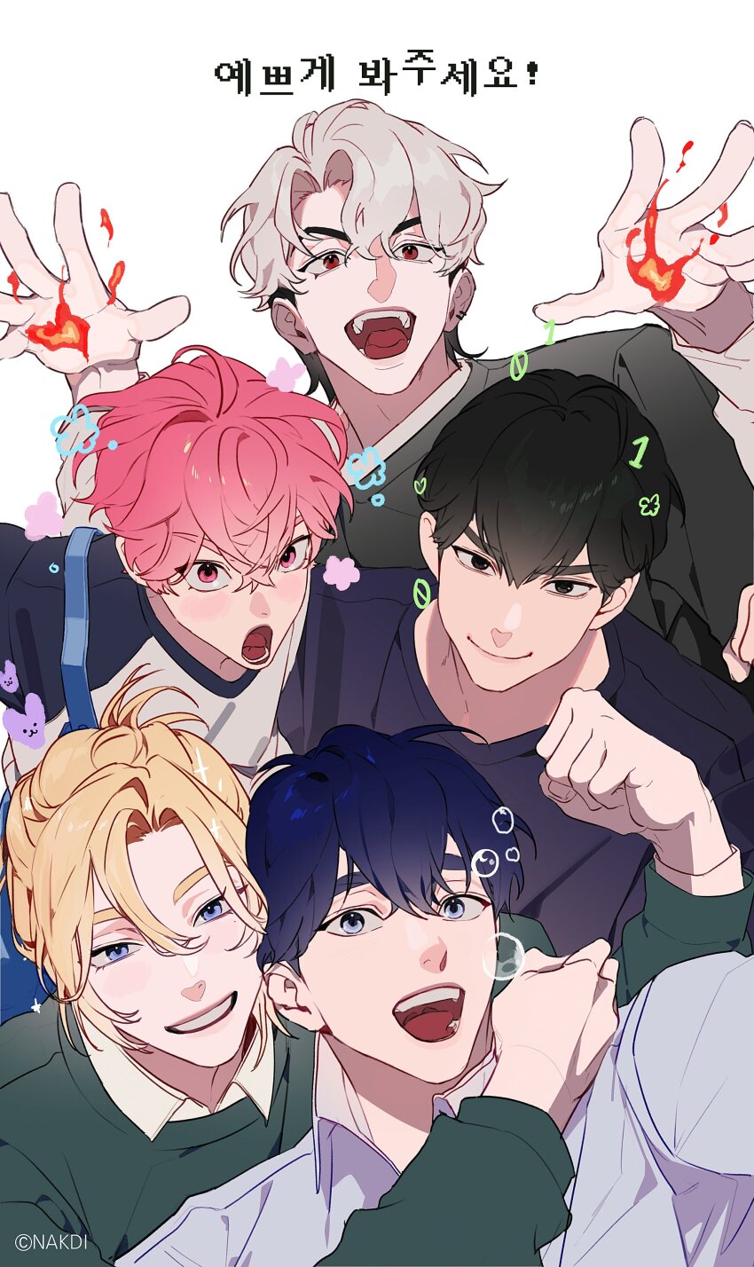 5boys absurdres bamby_(plave) black_eyes black_hair black_shirt blonde_hair blue_eyes blue_hair bubble clenched_hand closed_mouth eunho_(plave) green_shirt hair_between_eyes hamin_(plave) highres korean_text long_sleeves multiple_boys nakddidi noah_(plave) open_mouth parted_bangs pink_eyes pink_hair plave red_eyes shirt short_hair simple_background smile white_background yejun_(plave)