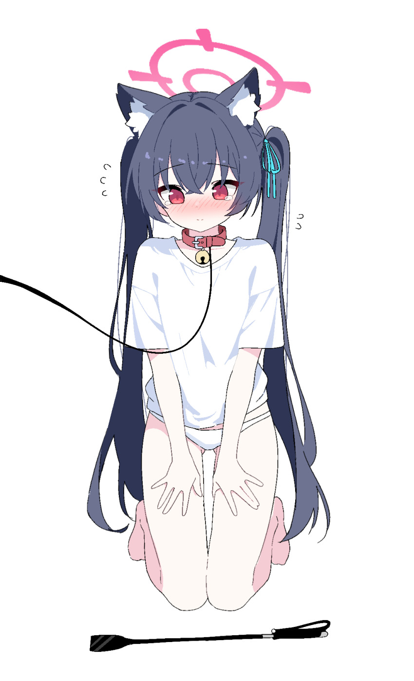 1girl bell black_hair blue_archive blue_bow blush bow breasts collar halo highres jingle_bell kneeling lmg7811 looking_at_viewer panties red_collar red_eyes red_halo serika_(blue_archive) shirt simple_background small_breasts solo twintails underwear white_background white_panties white_shirt