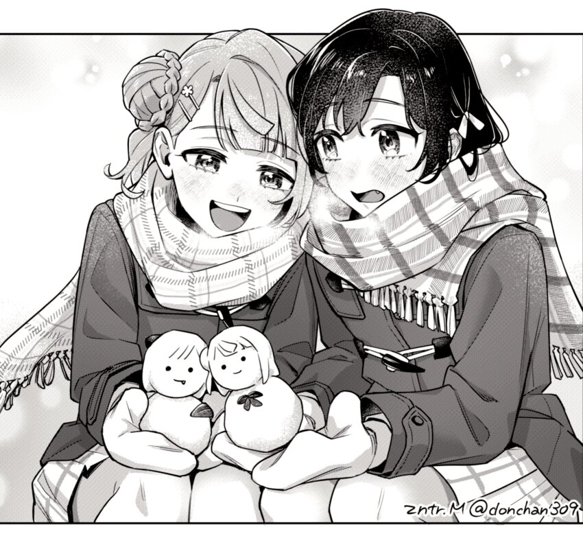 2girls blunt_bangs blush braid braided_bun coat fang greyscale hair_bun hair_ornament hair_ribbon hairclip highres holding_snowman long_sleeves looking_at_another love_live! love_live!_nijigasaki_high_school_idol_club matsugi_zuntaro medium_hair mifune_shioriko mittens monochrome multiple_girls open_mouth plaid_clothes plaid_scarf plaid_skirt ribbon scarf single_side_bun skirt snowman swept_bangs teeth uehara_ayumu upper_body upper_teeth_only winter_clothes winter_coat