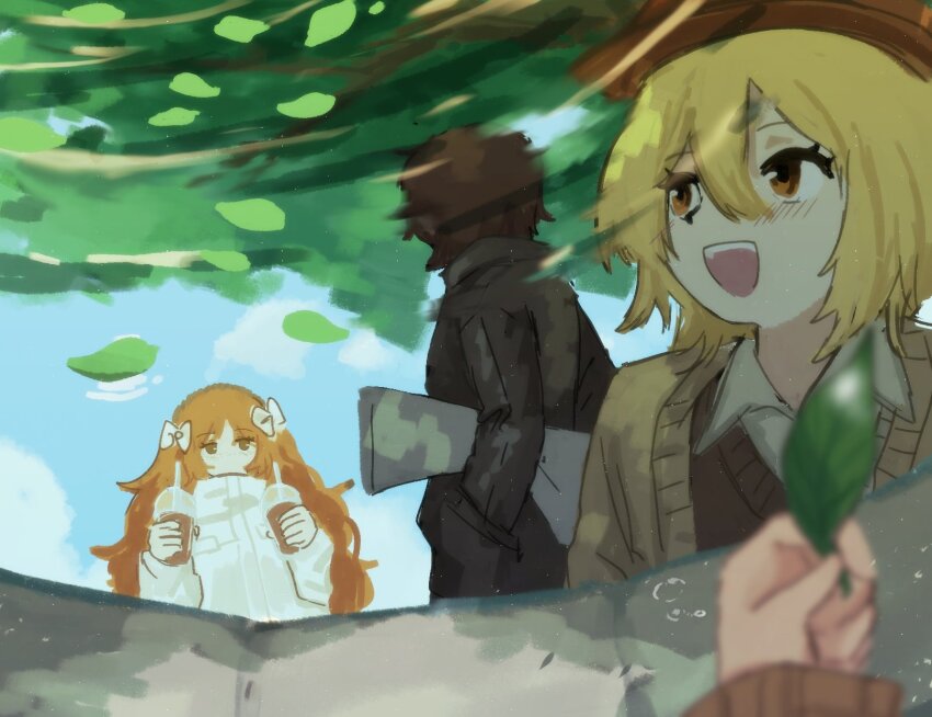 1boy 2girls black_coat blonde_hair bow brown_cardigan brown_hair brown_sweater_vest cardigan coat collared_shirt cup disposable_cup don_quixote_(project_moon) hair_bow heathcliff_(project_moon) highres holding holding_cup ishmael_(project_moon) limbus_company long_hair multiple_girls ngancurindunia open_mouth orange_hair pond project_moon shirt sidelocks smile sweater_vest tree very_long_hair white_bow white_shirt yellow_eyes zwei_south_(identity)_(project_moon)
