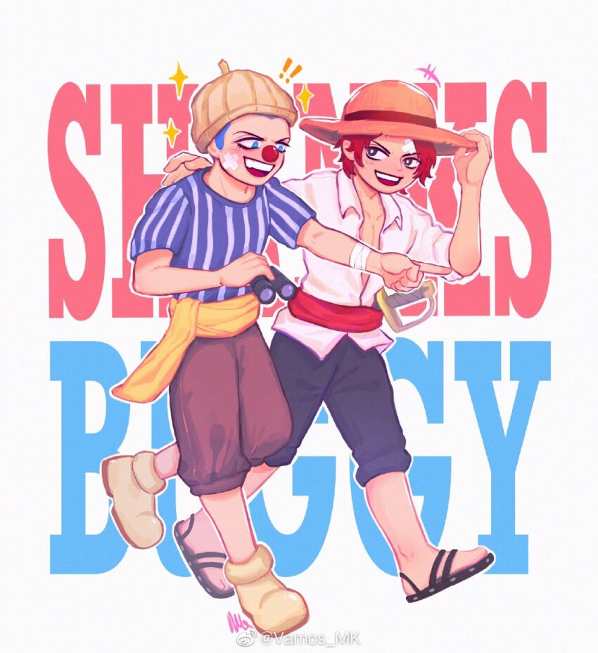 2boys adjusting_clothes adjusting_headwear aged_down beanie binoculars black_eyes black_pants blue_eyes brown_pants brown_shoes buggy_the_clown character_name clown_nose collarbone full_body hat holding holding_binoculars male_focus multiple_boys one_piece open_mouth pants red_hair sandals shanks_(one_piece) shirt shoes sparkle straw_hat striped_clothes striped_shirt sword teeth upper_teeth_only vamos_mk weapon white_shirt
