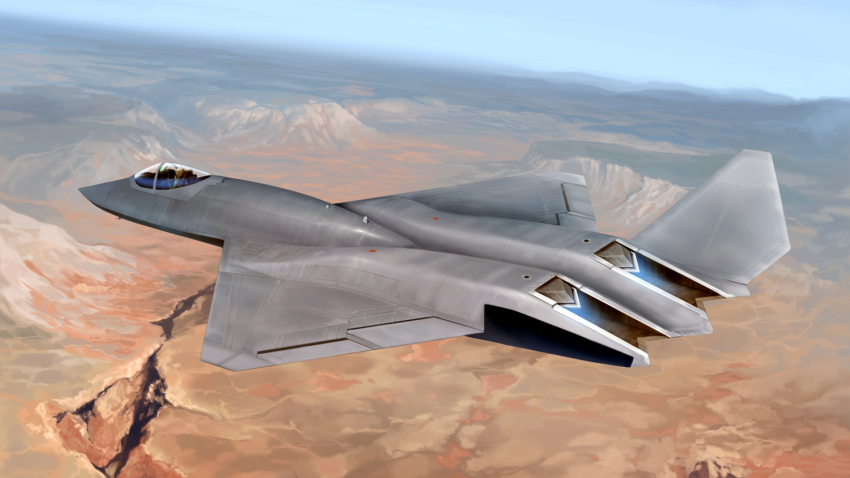 aircraft airplane desert fighter_jet flying military military_vehicle mountain original pilot realistic sky solo taedu vehicle_focus yf-23