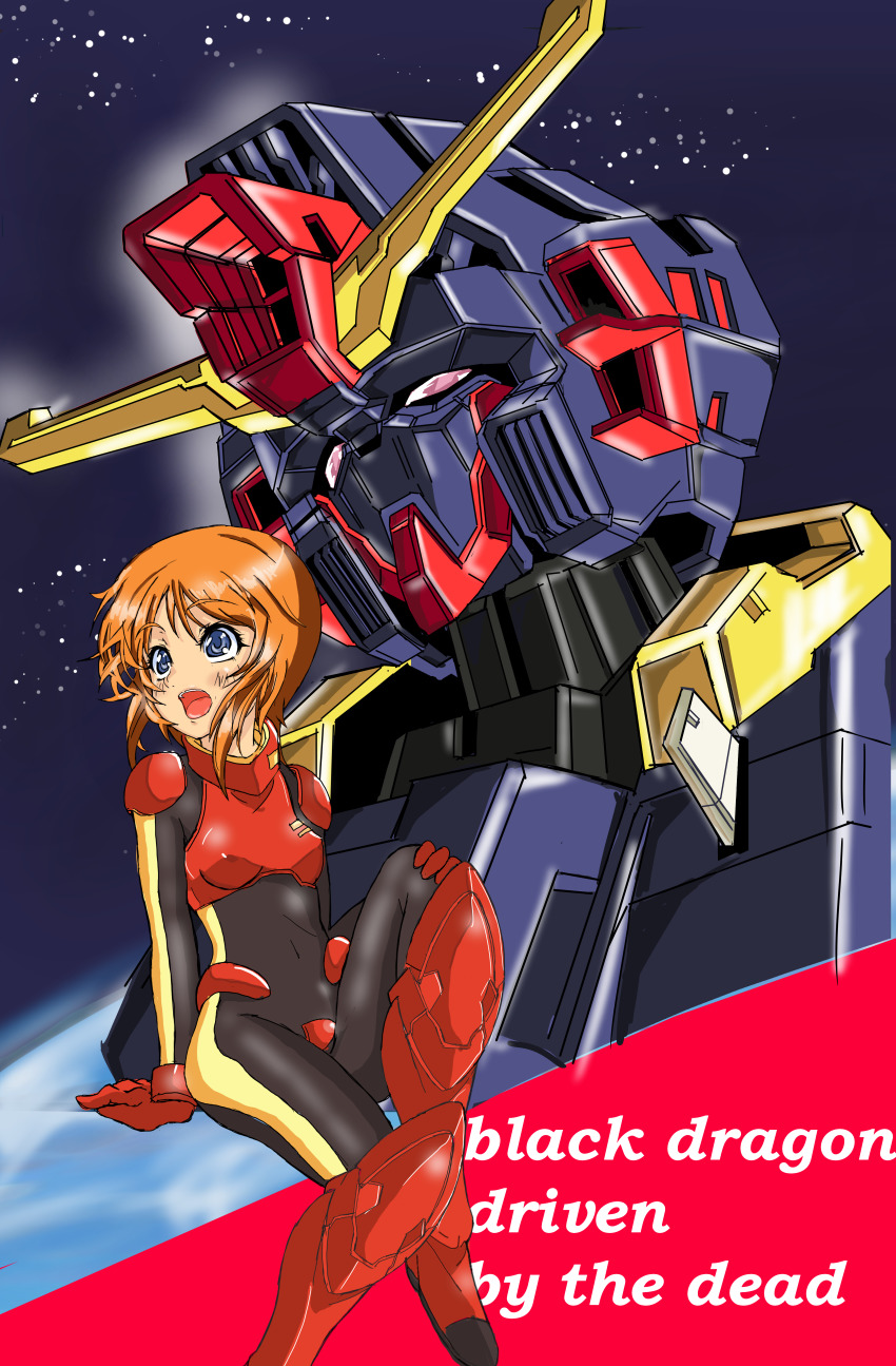1girl absurdres armor black_bodysuit blue_eyes bodysuit boots breastplate breasts covered_erect_nipples english_text gloves gundam gundam_zz head_tilt highres huo_ji_wu invisible_chair mecha mecha_pilot_suit normal_suit_(gundam) open_mouth orange_hair pink_eyes psyco_gundam_mk_ii puru_two red_footwear red_gloves robot sitting small_breasts space