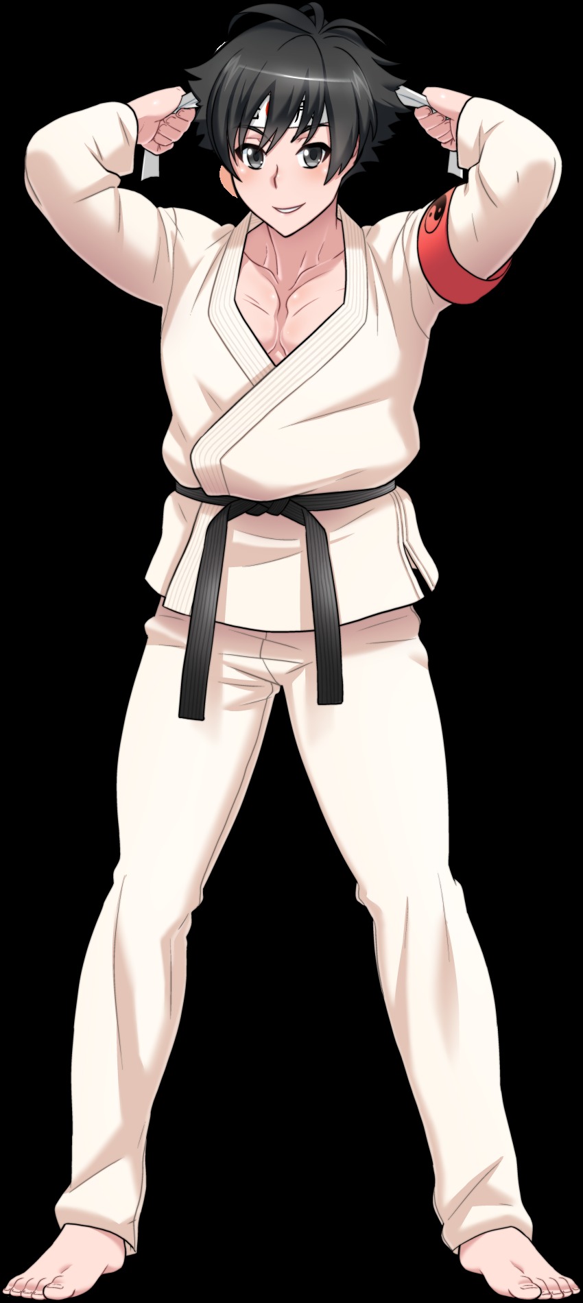 1boy absurdres armband barefoot belt black_hair budo_masuta dougi full_body grey_eyes headband highres kjech light_smile looking_at_viewer male_focus martial_arts_belt official_art pectorals short_hair smile solo transparent_background tying_headband yandere_simulator