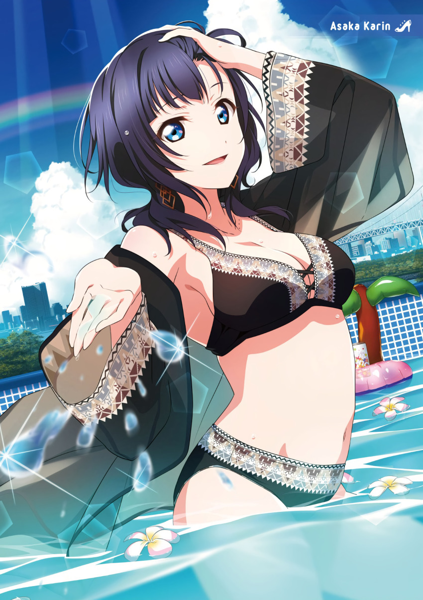 1girl 2c=galore :d absurdres asaka_karin bikini black_bikini black_hair blue_eyes blue_hair blue_sky breasts character_name cloud cloudy_sky cowboy_shot day earrings flower highres jewelry love_live! love_live!_nijigasaki_high_school_idol_club medium_breasts medium_hair navel official_art open_mouth outdoors playing_with_hair playing_with_own_hair pool sky smile solo stomach swept_bangs swimsuit third-party_source water