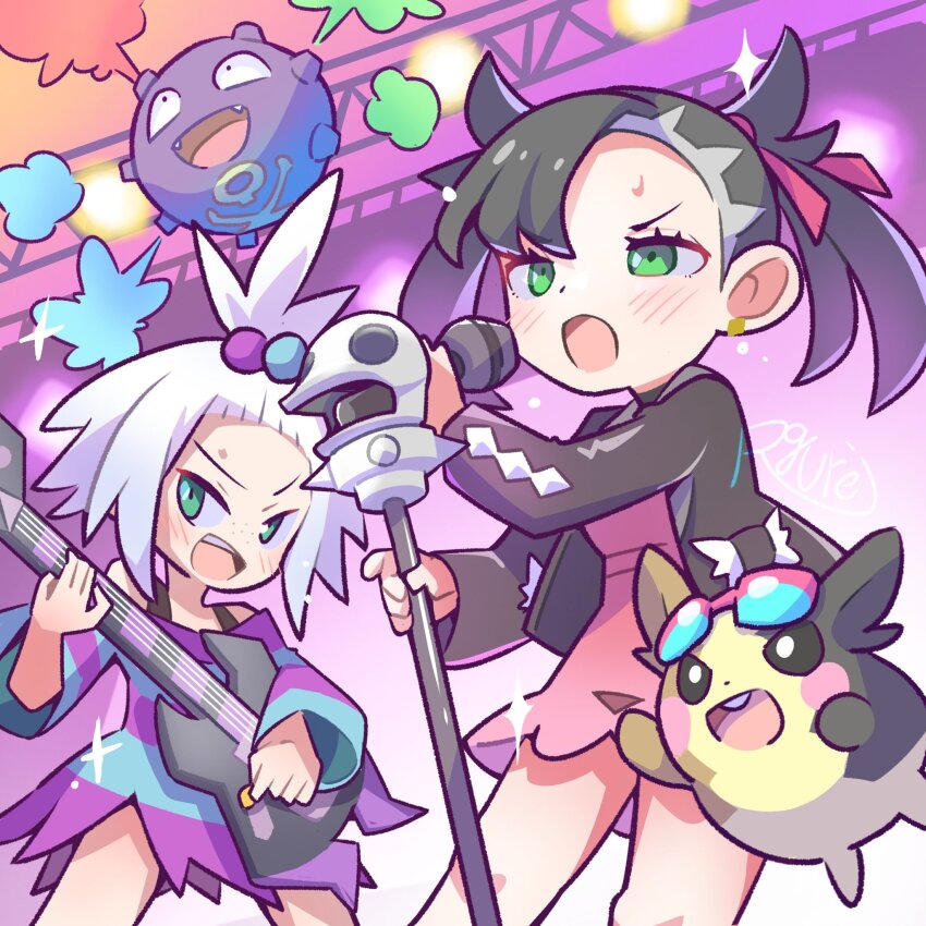 2girls black_hair black_jacket blue_dress blue_eyes blush dress freckles gen_1_pokemon gen_8_pokemon green_eyes guitar highres holding holding_guitar holding_instrument holding_microphone holding_plectrum instrument jacket koffing marnie_(pokemon) microphone morpeko morpeko_(full) multiple_girls nintendo open_clothes open_jacket open_mouth pink_dress playing_guitar playing_instrument plectrum pokemon pokemon_(creature) pokemon_bw2 pokemon_swsh purple_dress rgurei0529 roxie_(pokemon) two-tone_dress white_hair