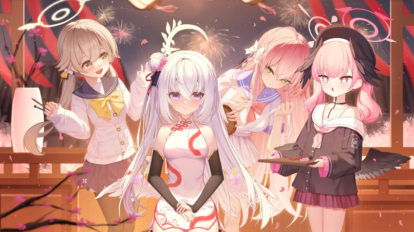4girls absurdres aerial_fireworks alternate_costume azusa_(blue_archive) bare_shoulders beret black_hat black_shirt black_skirt black_wings blonde_hair blue_archive blue_sailor_collar china_dress chinese_clothes commentary_request crossed_bangs dress elbow_gloves fireworks gloves green_eyes hair_bun halo hanako_(blue_archive) hat head_wings hifumi_(blue_archive) highres holding holding_brush holding_makeup_brush holding_makeup_palette koharu_(blue_archive) long_hair looking_at_another low_ponytail low_wings makeup_brush multiple_girls neckerchief open_mouth pink_hair pink_halo pink_neckerchief pleated_skirt ponytail red_ribbon red_skirt ribbon sailor_collar shirt single_bare_shoulder sitting skirt snake_print sparkling_eyes standing very_long_hair white_dress white_hair white_shirt wings wlswlp yellow_eyes yellow_halo yellow_ribbon