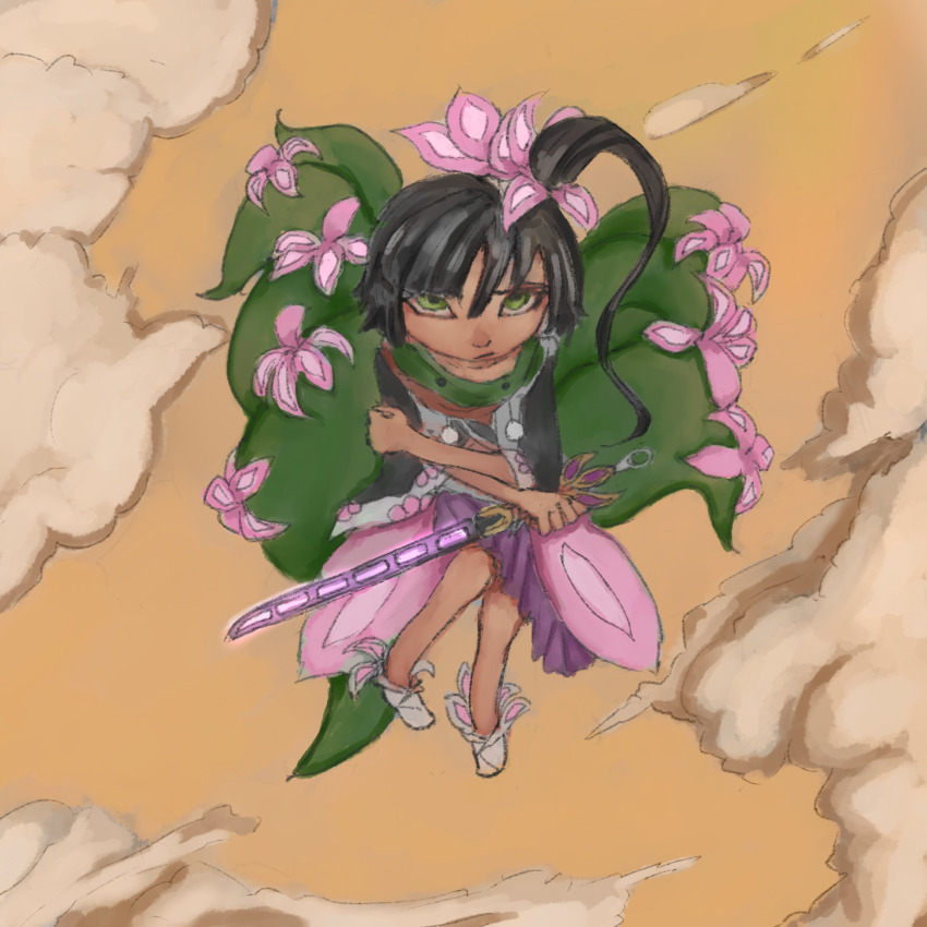 1other absurdres adagumo_no_yaorochi black_hair black_sleeves bottle_opener closed_mouth cloud commentary english_commentary fess floral_print flower flying frown gladiolus_nanus green_eyes green_scarf hair_flower hair_ornament hakama hakama_short_skirt hakama_skirt hand_on_own_arm highres holding holding_sword holding_weapon japanese_clothes len&#039;en long_sleeves looking_up multiple_tails one_side_up pom_pom_(clothes) purple_skirt red_scarf scarf side_ponytail skirt sky snake_tail socks sword sword_of_kusanagi tail tasouken weapon white_socks wide_sleeves yellow_sky