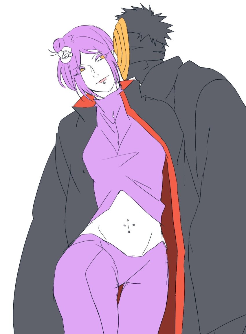 1boy 1girl akatsuki_(naruto) akatsuki_uniform black_hair breasts face_piercing hetero highres konan_(naruto) labret_piercing makeup mask masked_madara naruto_(series) naruto_shippuuden navel_piercing open_clothes piercing purple_hair shidou2525 tobi_(naruto) uchiha_obito