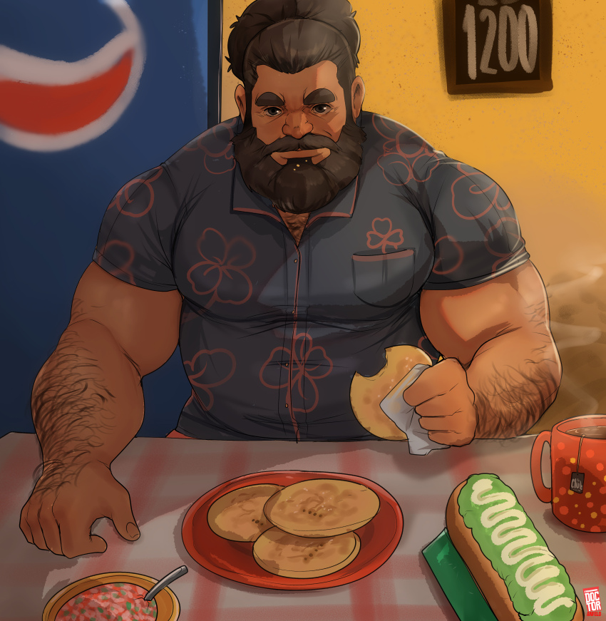 1boy 2024 absurdres arm_hair bara beard black_shirt bread breast_pocket broad_shoulders connected_beard cup doctor_anfelo dungeon_meshi dwarf facial_hair food full_beard highres holding holding_food pepsi plate pocket senshi_(dungeon_meshi) shirt signature table tea