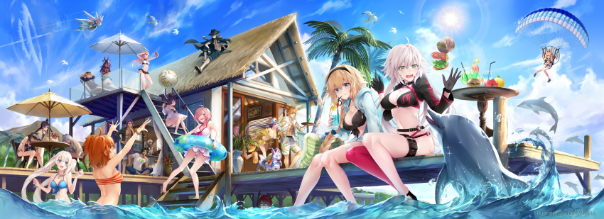 6+boys 6+girls absurdres ahoge anastasia_(fate) animal_ears archer_(fate) arthur_pendragon_(fate) backwards_hat ball bangle bare_shoulders baseball_cap bb_(fate) bb_(swimsuit_mooncancer)_(fate) bb_(swimsuit_mooncancer)_(first_ascension)_(fate) beach_house beachball beard bikini bird black_bikini black_gloves black_hair black_jacket blonde_hair blue_bikini blue_eyes blue_sky blush bracelet breasts brown_hair burger character_request choker cleavage cloud collarbone contrail creature cup dark-skinned_male dark_skin day dock dolphin drinking_straw earrings edward_teach_(fate) edward_teach_(final_ascension)_(fate) emiya_alter eyewear_on_head facial_hair facial_mark falling fate/grand_order fate_(series) floating_hair food forehead_mark fou_(fate) fujimaru_ritsuka_(female) fujimaru_ritsuka_(female)_(brilliant_summer) galahad_(fate) gilgamesh gilgamesh_(caster)_(fate) gilgamesh_(establishment)_(fate) gilgamesh_(fate) glasses gloves gradient_hair green_eyes groin hair_between_eyes hair_bun hair_ornament hair_over_one_eye hair_scrunchie hairband hand_fan hat highres holding holding_cup holding_fan horns ibaraki_douji_(fate) ibaraki_douji_(fate/grand_order) ibaraki_douji_(swimsuit_lancer)_(fate) ibaraki_douji_(swimsuit_lancer)_(first_ascension)_(fate) innertube jacket jeanne_d&#039;arc_(fate) jeanne_d&#039;arc_(ruler)_(fate) jeanne_d&#039;arc_(swimsuit_archer)_(fate) jeanne_d&#039;arc_(swimsuit_archer)_(first_ascension)_(fate) jeanne_d&#039;arc_alter_(fate) jeanne_d&#039;arc_alter_(swimsuit_berserker)_(fate) jewelry katsushika_hokusai_(fate) katsushika_hokusai_(painting_summer)_(fate) kito_koruta knees_together_feet_apart koruta_(nekoimo) lancelot_(fate/grand_order) lancelot_(strongest_knight_of_summer)_(fate) large_breasts legs_together long_hair looking_at_viewer marie_antoinette_(fate) marie_antoinette_(fate/grand_order) marie_antoinette_(swimsuit_caster)_(fate) marie_antoinette_(swimsuit_caster)_(third_ascension)_(fate) mash_kyrielight medb_(fate) medb_(swimsuit_saber)_(fate) medb_(swimsuit_saber)_(second_ascension)_(fate) medium_breasts merlin_(fate) multicolored_hair multiple_boys multiple_girls mustache mysterious_heroine_xx_(fate) mysterious_heroine_xx_(first_ascension)_(fate) navel necklace o-ring o-ring_bikini octopus official_alternate_costume on_roof oni oni_horns open_mouth orange_bikini orange_hair osakabehime_(fate) paintbrush palm_tree parachute parted_bangs pink_hair plant pointy_ears potted_plant purple_eyes purple_hair queen_of_sheba_(fate) red_eyes red_legwear sandals scar scrunchie seagull shirt shockwave short_hair shrug_(clothing) side_ponytail sidelocks single_hair_bun single_thighhigh sitting sitting_on_roof skirt sky smile smoking soaking_feet sonic_boom_(speed) stomach striped_bikini striped_clothes sun sunglasses sunlight surprised swim_ring swimsuit tattoo thighhighs tiara tinted_eyewear tokitarou_(fate) tree tristan_(chicken_of_luluhawa)_(fate) tristan_(fate) tropical_drink twintails umbrella ushiwakamaru_(fate) ushiwakamaru_(fate/grand_order) ushiwakamaru_(swimsuit_assassin)_(fate) ushiwakamaru_(swimsuit_assassin)_(first_ascension)_(fate) very_long_hair wading white_bikini white_hair wind wind_lift yellow_eyes yellow_shirt yellow_skirt