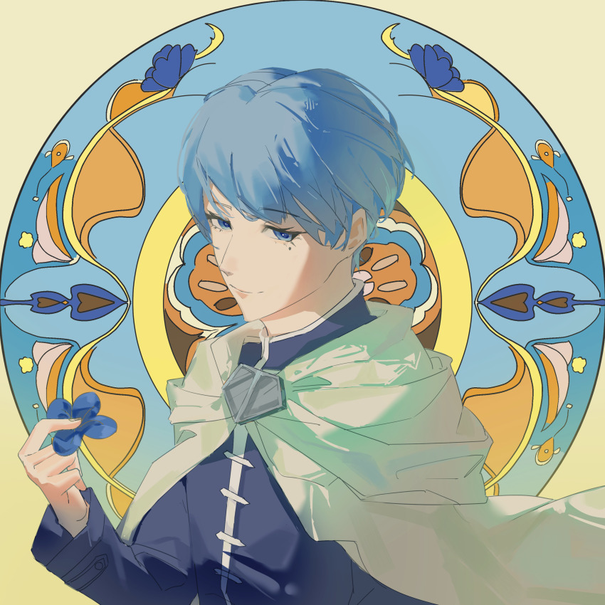 1boy absurdres blue_background blue_eyes blue_flower blue_hair blue_tunic border brooch cloak closed_mouth eyelashes floating_cape flower high_collar highres himmel_(sousou_no_frieren) holding holding_flower hood hood_down hooded_cloak jewelry lips long_sleeves looking_at_viewer male_focus mole mole_under_eye outside_border pink_lips qin&#039;ai_de_xiong_xiansheng round_border short_hair smile solo sousou_no_frieren stained_glass tunic two-tone_background upper_body white_cloak yellow_background