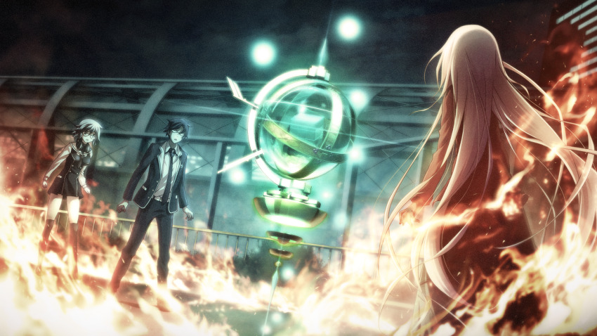 1boy 2girls :o belt black_necktie black_pants blue_hair breasts buttons chaos;child coat double-breasted dress_vest fire floating from_behind game_cg glasses glowing haida_riko headphones headphones_around_neck hekiho_academy hekiho_academy_school_uniform highres jacket kazuki_hana kneehighs leather_belt long_hair long_sleeves medium_breasts miniskirt miyashiro_takuru multiple_girls necktie official_art opaque_glasses open_mouth orb pants pink_hair purple_eyes red_coat red_jacket ring_of_fire rooftop sailor_collar sailor_shirt sasaki_mutsumi school_emblem shirt short_hair short_necktie skirt socks sparks thick_thighs thighs vest wavy_hair white_belt white_sailor_collar white_sleeves