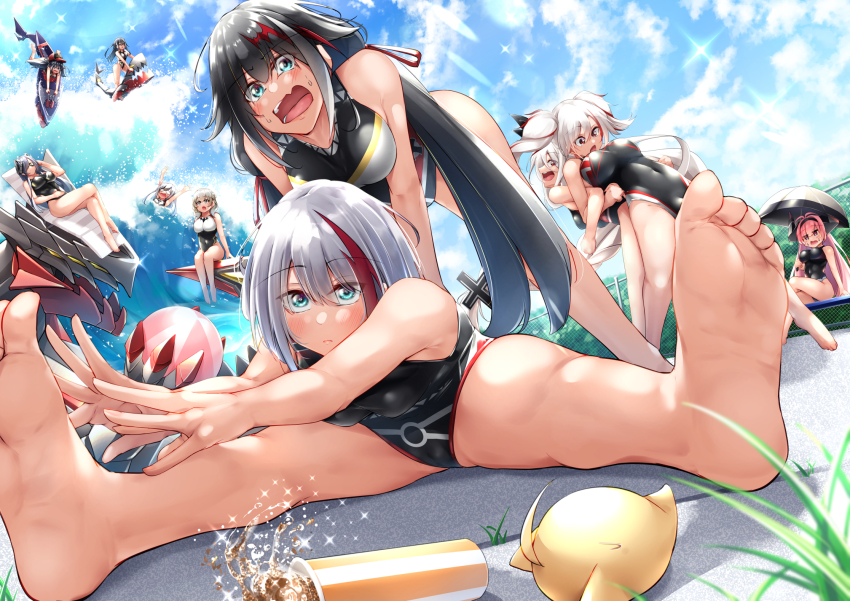 6+girls admiral_graf_spee_(azur_lane) alternate_costume august_von_parseval_(azur_lane) azur_lane character_request competition_swimsuit deutschland_(azur_lane) feet foreshortening highres luetzow_(azur_lane) manjuu_(azur_lane) multicolored_hair multiple_girls one-piece_swimsuit oriue_wato prinz_adalbert_(azur_lane) prinz_heinrich_(azur_lane) prinz_rupprecht_(azur_lane) rigging split spread_legs streaked_hair stretching swimsuit u-101_(azur_lane) u-47_(azur_lane) water
