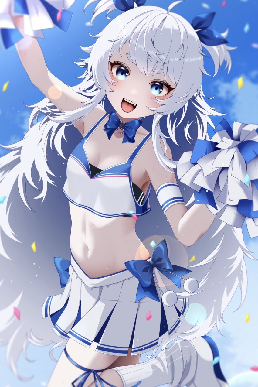 1girl :d arms_up black_sports_bra blue_bow blue_bowtie blue_eyes blue_ribbon blue_skirt blush bow bowtie breasts cheerleader cleavage crop_top goddess_of_victory:_nikke hair_ribbon highres long_hair looking_at_viewer milmil7 navel official_alternate_costume open_mouth poli_(cheer_up_police)_(nikke) poli_(nikke) pom_pom_(cheerleading) ribbon shoes short_twintails sidelocks skirt small_breasts smile sneakers socks solo sports_bra twintails two-tone_skirt very_long_hair wavy_hair white_hair white_skirt white_socks