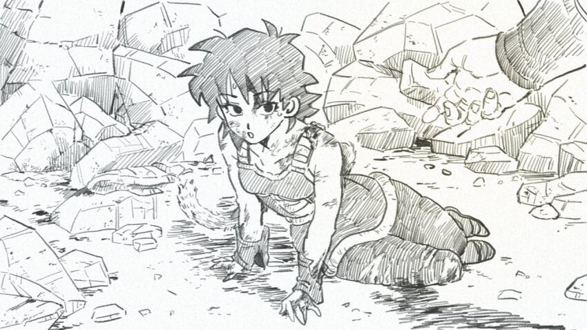 after_fight bardock black_eyes black_hair blood blood_on_face couple destruction dragon_ball gine helping monochrome reaching reaching_towards_viewer scratches sketch surprised sweat sweatdrop tagme tail