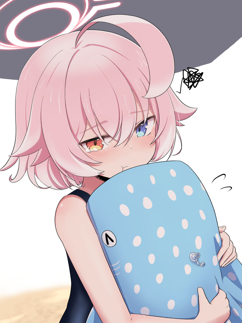 1girl :t absurdres ahoge alternate_hairstyle blue_archive blue_eyes close-up halo heterochromia highres holding hoshino_(blue_archive) hoshino_(first_year)_(blue_archive) hoshino_(young)_(blue_archive) looking_at_viewer master_m_489 pink_hair pout school_swimsuit short_hair solo squiggle swimsuit tears whale_shark white_background yellow_eyes