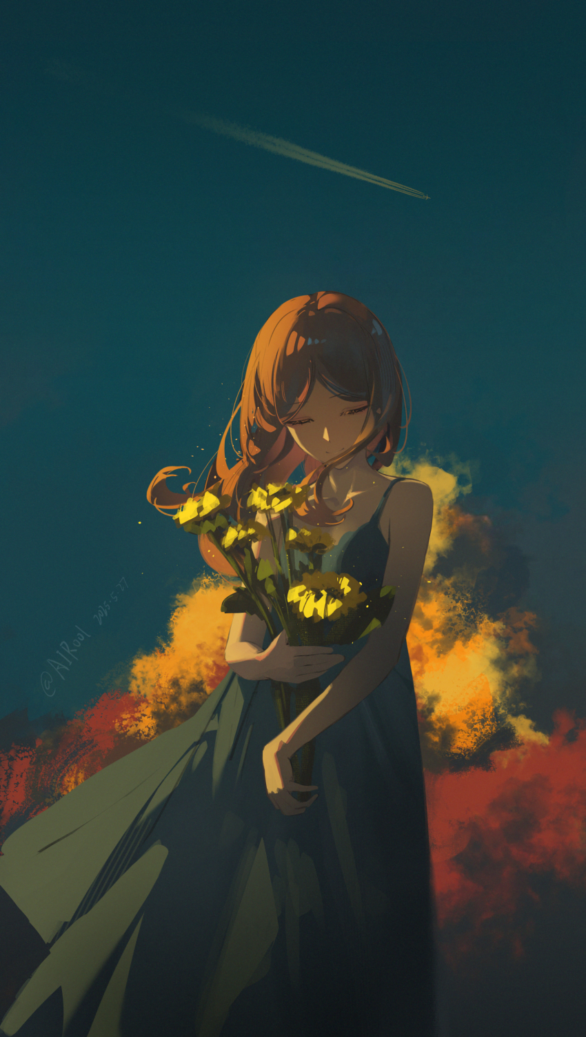 1girl absurdres aircraft airool airplane bang_dream! bang_dream!_it&#039;s_mygo!!!!! blue_dress brown_hair chinese_commentary closed_eyes closed_mouth cloud commentary_request contrail dated dress dusk facing_object facing_viewer floating_hair flower highres holding holding_flower long_dress long_hair nagasaki_soyo outdoors parted_bangs sidelighting sky sleeveless sleeveless_dress smile solo weibo_username yellow_flower