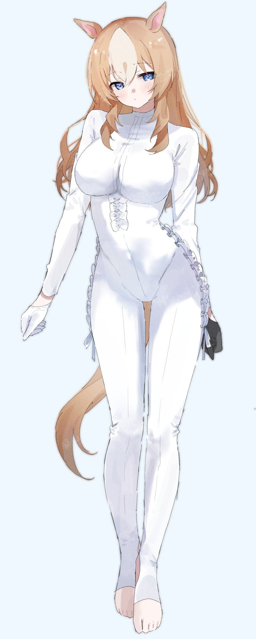 1girl absurdres animal_ears asymmetrical_gloves black_gloves bodysuit durandal_(umamusume) frilled_bodysuit full_body gloves ha_(hura76752775) highres horse_ears horse_girl horse_tail long_hair mismatched_gloves multicolored_hair no_shoes simple_background solo tachi-e tail toeless_bodysuit two-tone_hair umamusume white_bodysuit white_gloves