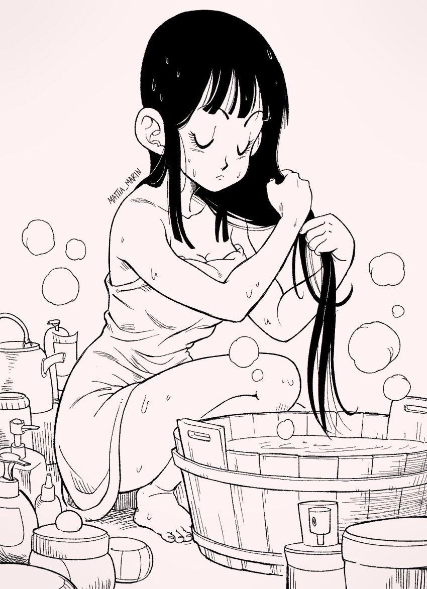1girl bare_shoulders barefoot bathing blunt_bangs bottle breasts chi-chi_(dragon_ball) cleavage closed_eyes closed_mouth commentary dragon_ball dragon_ball_(classic) english_commentary hatching_(texture) highres kettle long_hair mattia_marin monochrome naked_towel shampoo_bottle solo spray_bottle squatting steam towel twitter_username washing_hair washtub wet wet_hair