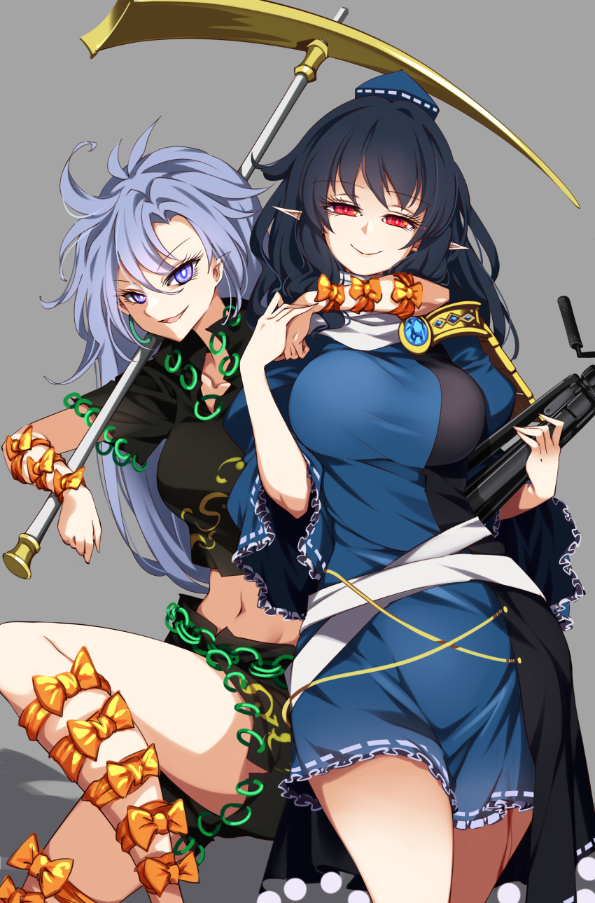 2girls absurdres blue_dress blue_hair coat dress frilled_dress frills gem hat highres himemushi_momoyo iizunamaru_megumu long_hair multiple_girls navel pointy_ears pom_pom_(clothes) raptor7 red_eyes ribbon_trim shoulder_guard sleeveless sleeveless_coat tengu tokin_hat touhou