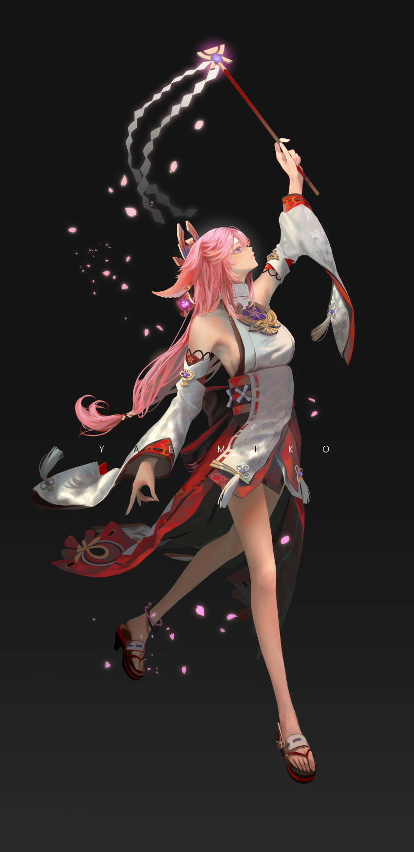 1girl absurdres animal_ears arm_up bare_legs bare_shoulders black_background breasts character_name cherry_blossoms chinese_knot closed_mouth detached_sleeves earrings falling_petals fox_ears fox_shadow_puppet full_body genshin_impact gohei highres jewelry kayakooooo legs long_hair looking_up low-tied_long_hair medium_breasts okobo petals pink_hair platform_sandals purple_eyes red_skirt sandals shide shirt sideboob simple_background skirt solo tassel turtleneck white_shirt white_sleeves wide_sleeves yae_miko