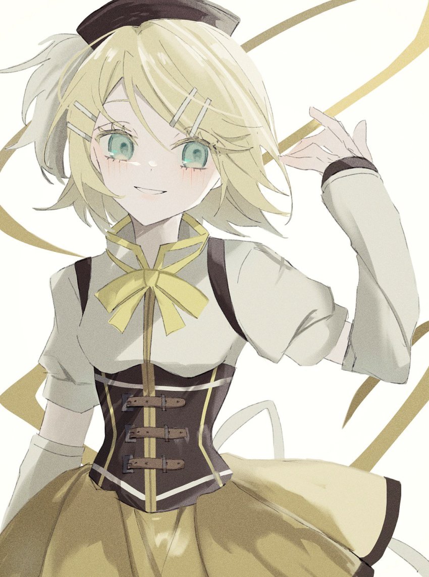 1girl beret blonde_hair blush breasts brown_corset brown_hat buckle collared_shirt colored_eyelashes corset cosplay detached_sleeves green_eyes grin hair_ornament hairclip hat highres kagamine_rin leather_strap looking_at_viewer maca1227 magical_girl mahou_shoujo_madoka_magica mahou_shoujo_madoka_magica_(anime) narrow_waist pleated_skirt puffy_sleeves shirt short_hair skirt small_breasts smile solo swept_bangs tomoe_mami tomoe_mami_(cosplay) tomoe_mami_(magical_girl) upper_body vocaloid yellow_shirt