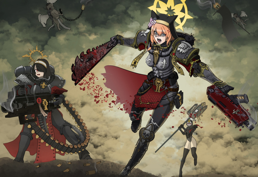 absurdres adepta_sororitas angry armor blood blue_archive bolter bullet chainsword cloud crossover gun halo heavy_bolter highres hinata_(blue_archive) lembas machine_gun mari_(blue_archive) orange_hair sakurako_(blue_archive) sensei_(blue_archive) warhammer_40k weapon