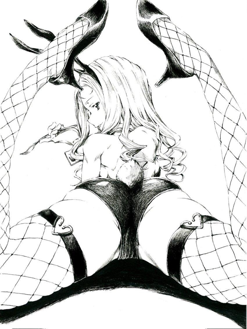 1girl animal_ears ass crotch fake_animal_ears fake_tail fishnet_thighhighs fishnets fork girls_und_panzer greyscale high_heels highres holding holding_fork leotard long_hair looking_at_viewer looking_back lying marie_(girls_und_panzer) monochrome on_stomach playboy_bunny rabbit_ears rabbit_tail sawamin simple_background smile solo tail thighhighs